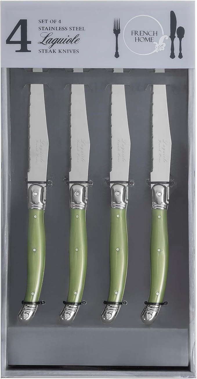 French Home Laguiole 4-Piece Steak Knife Set – Sophisticated Stainless Steel Dinner Knives with Spring Grey Handles & Iconic Bee Emblem – Serrated Knives for Smooth Cutting (9.25")