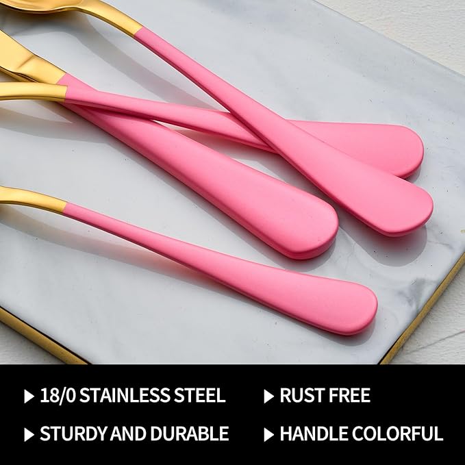 20-Pieces Gold and Pink Silverware Sets for 4,Pink Handle Stainless Steel Cutlery Set, Include Forks Spoons and Knives Set, Dishwasher Safe Utensil Sets for Home Restaurant