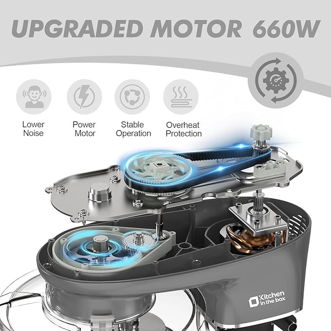 Kitchen in the box Stand Mixer, 6.5QT 660W Kitchen Electric Mixer, 6-Speed Tilt-Head Food Mixer with Dough Hook, Wire Whip, Beater, Dishwasher Safe (Grey)