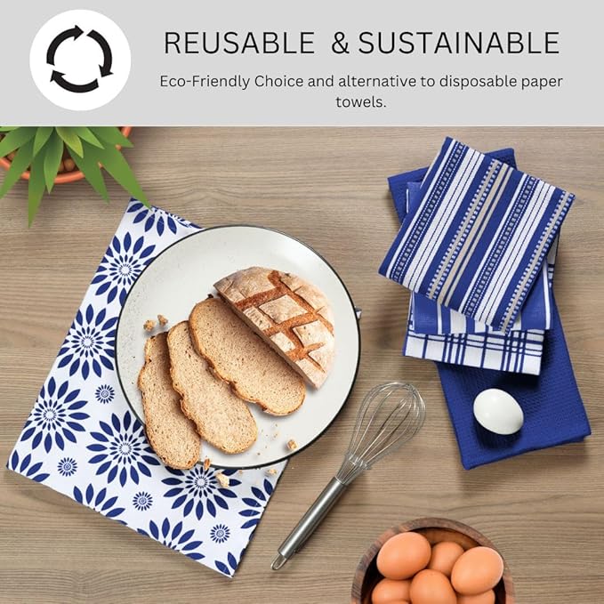 Assorted Kitchen Towels Large 16x26 Inch 100% Cotton Set of 5 - Dish Cloths Towels with Hanging Loop - Soft Absorbent Washable Tea Towels for Kitchen - Quick Drying Dish Towels Navy Blue