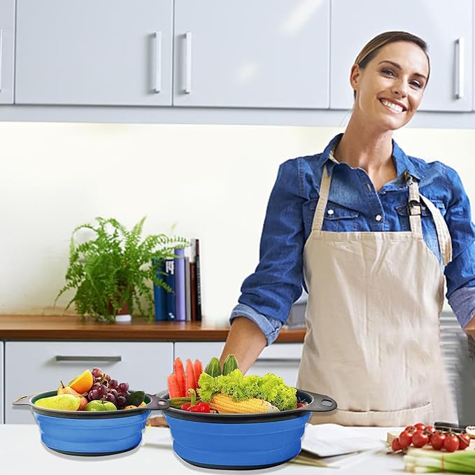 Collapsible Colander, Set of 2 PCS Collapsible Strainer, Space-Saving Kitchen, Food-Grade Silicone Folding Strainer Colander with Handle (Blue)