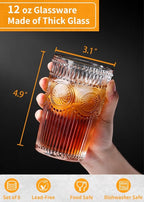 6pcs Vintage Drinking Glasses Set, 12 oz Clear Highball Glasses, Embossed Ribbed Glassware Cups for Cocktail, Water, Juice, Coffee, Whiskey