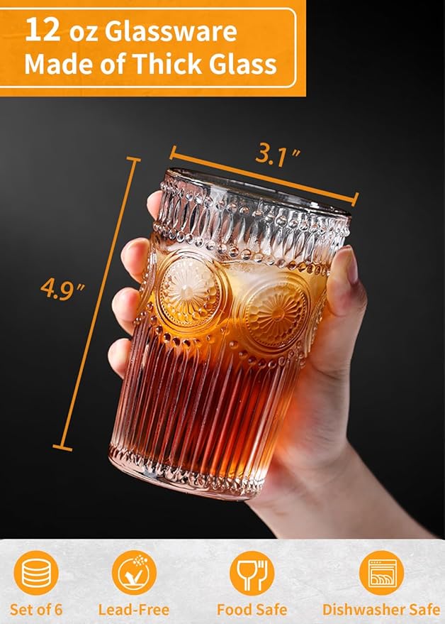 6pcs Vintage Drinking Glasses Set, 12 oz Clear Highball Glasses, Embossed Ribbed Glassware Cups for Cocktail, Water, Juice, Coffee, Whiskey