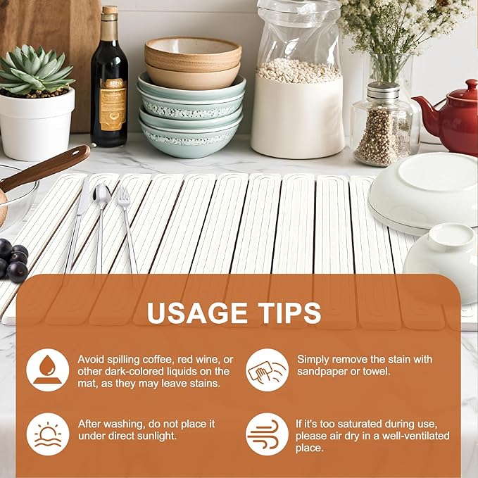 Large Stone Dish Drying Mat for Kitchen Counter, 24"x16" Quick Dry Collapsible Diatomaceous Earth Dish Drying Mat, Water Absorbent Drying Mat for Dishes Bottles Cups Bathroom, White with Grooves