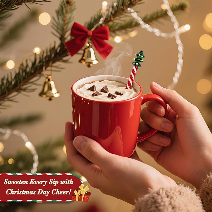 Christmas Tree Glass Stir Sticks - 6.88" Cute Swizzle Stick for Coffee & Cocktails - Festive Red, Green& White Striped Design - Holiday Party Drink Mixers Essentials (4-Pack)