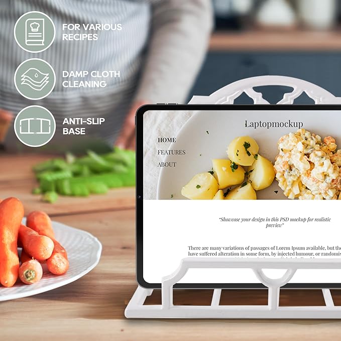 JOGREFUL Cookbook Stand, Cast Iron Heavy-Duty Recipe Book Holder, Kitchen Vintage Recipe Book Holder, Reading Rest Holder for Easel/Counter/Books/Magazine/iPad/Bible, Grid Pattern, White