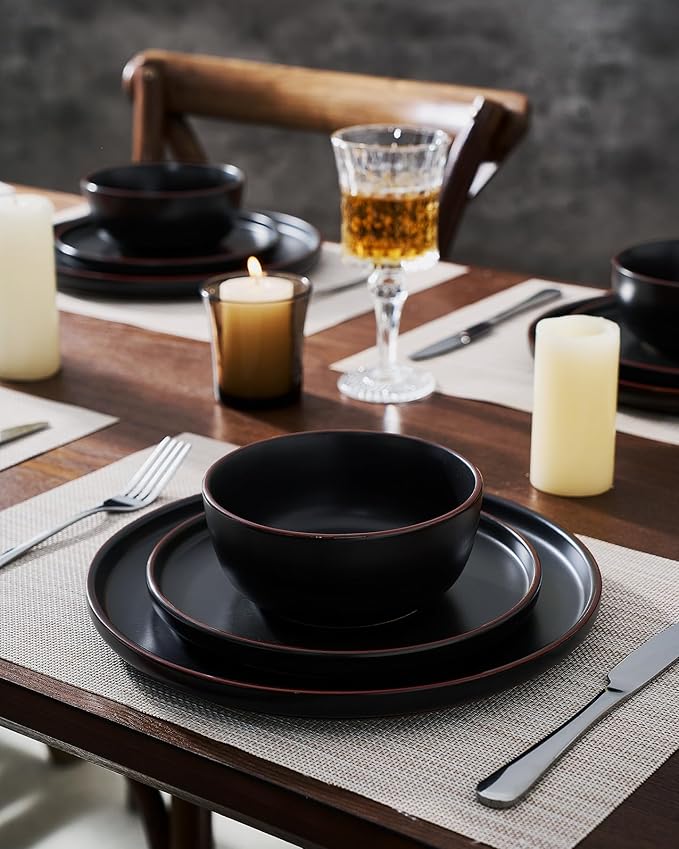 Famiware Mercury Dinnerware Sets with Mugs, Service for 6 (24 Pieces), Stoneware Plates and Bowls Sets, Microwave and Dishwasher Safe Dishes Set, Matte Black