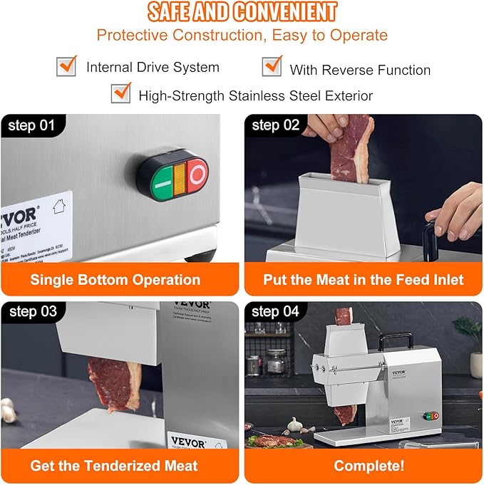 VEVOR Commercial Meat Tenderizer, Heavy Duty Stainless Steel Kitchen Tool with Handle, Meat Tong, and Cleaning Brush, 450W Electric Meat Tenderizer Machine for Beef, Turkey, Chicken, Pork, and Fish