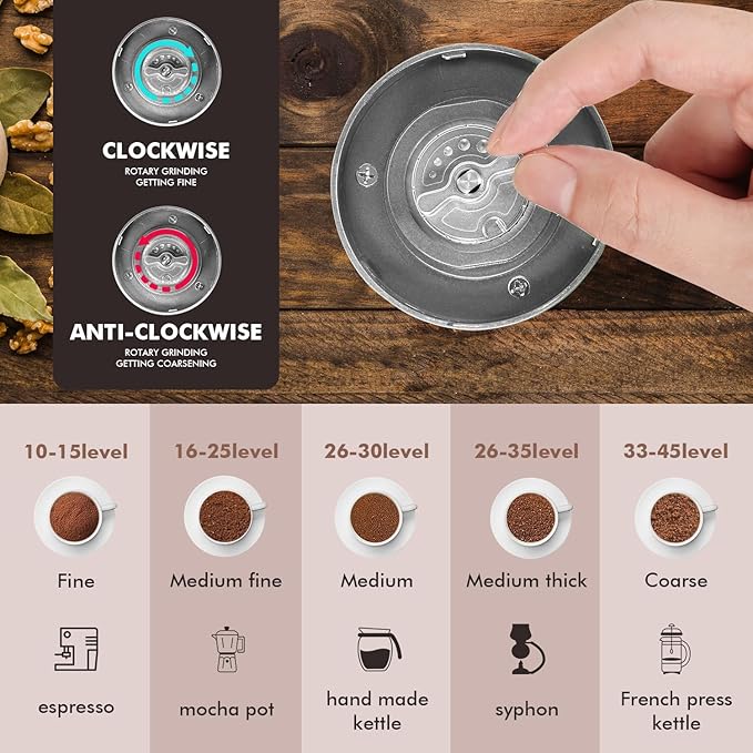 Portable Electric Coffee Grinder Stainless Steel Conical Burr Coffee Grinder with 45 Adjustable Settings Rechargeable Coffee Bean Grinder for Home, Travel, Camping, Office-Titanium color