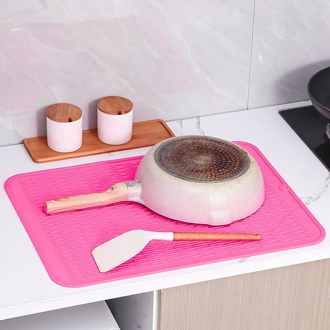 Silicone Dish Drying Mat for Multiple Usage,Easy clean,Eco-friendly,Heat-resistant Silicone Mat for Kitchen Counter or Sink,Refrigerator or Drawer Liner Rose 2XL 24 inches x 18 inches