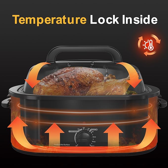 22 Quart Electric Roaster Oven, Turkey Roaster with Viewing & Self-basting Lid, Stainless Steel Turkey Roaster Oven, Black
