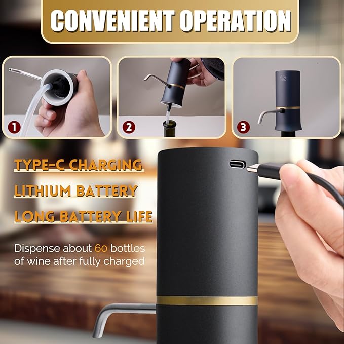 Electric Wine Dispenser, Aerator, Vacuum Wine Pump with Touch LED Display, Wine Temperature Monitor, One Touch Automatic Wine Pourer with USB Rechargeable, Gifts for Men & Women Wine Lovers (Black)