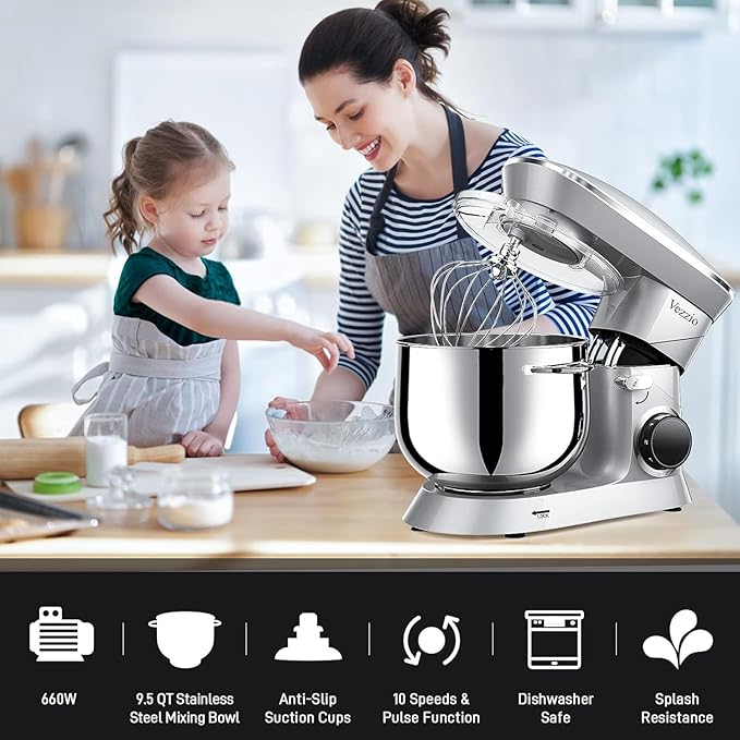 9.5 Qt Stand Mixer, 10-Speed Tilt-Head Food Mixer, Vezzio 660W Kitchen Electric Mixer with Stainless Steel Bowl, Dishwasher-Safe Attachments for Most Home Cooks(Silver)