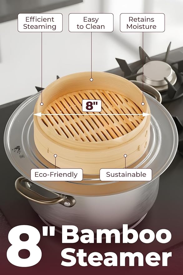 Prime Home Direct Bamboo Steamer Basket 8-Inch | 2-Tier Steamer for Cooking | 50 Liners | Small Instant Steaming Cookware Asian Food, Bao Buns, Chinese, Dim Sum, Dumpling, Rice, Vegetable Steam Pot