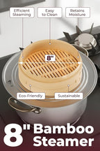 Prime Home Direct Bamboo Steamer Basket 8-Inch | 2-Tier Steamer for Cooking | 50 Liners | Small Instant Steaming Cookware Asian Food, Bao Buns, Chinese, Dim Sum, Dumpling, Rice, Vegetable Steam Pot