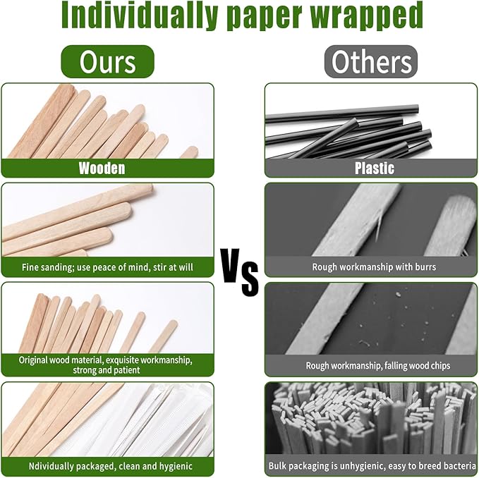 210PCS Wooden Coffee Stirrers, Individually Wrapped, Wooden Beverage Mixer, 5.5" Coffee Stir Sticks-Biodegradable Eco-Friendly Round End Disposable coffee stirrer, For Coffee, Cocktail, Hot Drinks