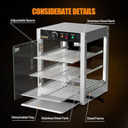 ROVSUN 3-Tier Commercial Food Warmer, 15" Pizza Warmer Food Warmer Display with LED Adjustable Lighting Glass Door Removable Shelves, Countertop Electric Food Warmer for Buffet Restaurant 110V 800W