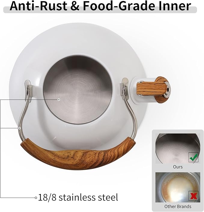 LONFFERY Tea Kettle, 2.5 Quart Whistling Tea Kettle, Tea Pots for Stove Top Food Grade Stainless Steel with Wood Pattern Folding Handle - White