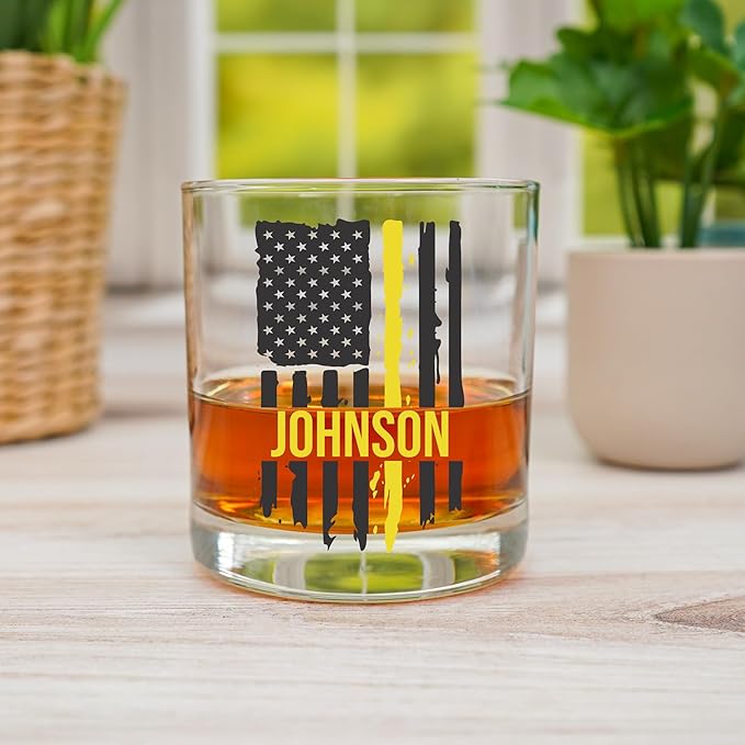 Blue Ridge Mountain Gifts - Thin Yellow Line Whiskey Glass - Personalized Dispatch Glass, 911 Dispatch Appreciation, Yellow Line Merch, First Responders Gift, Custom Barware, Thin Gold Line Flag