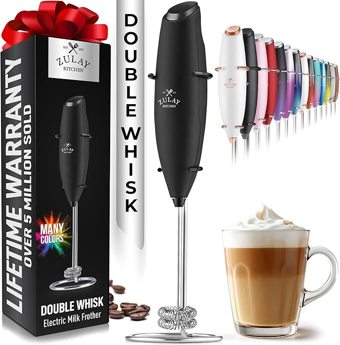 Zulay Kitchen Double Whisk Milk Frother – Handheld Foam Maker for Coffee, Lattes, Matcha, Hot Chocolate & Cappuccinos – Whip Creamy Froth in Seconds, Portable & Easy to Use -