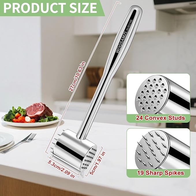 2-in-1 Meat Tenderizer Mallet,Real 316L Stainless Steel Meat Hammer,Dual-sided Meat Tenderizer Tool with Sharp Spikes and Convex Studs,Heavy Duty Well-balanced 1.09LB,Kitchen Pounder,Dishwasher Safe