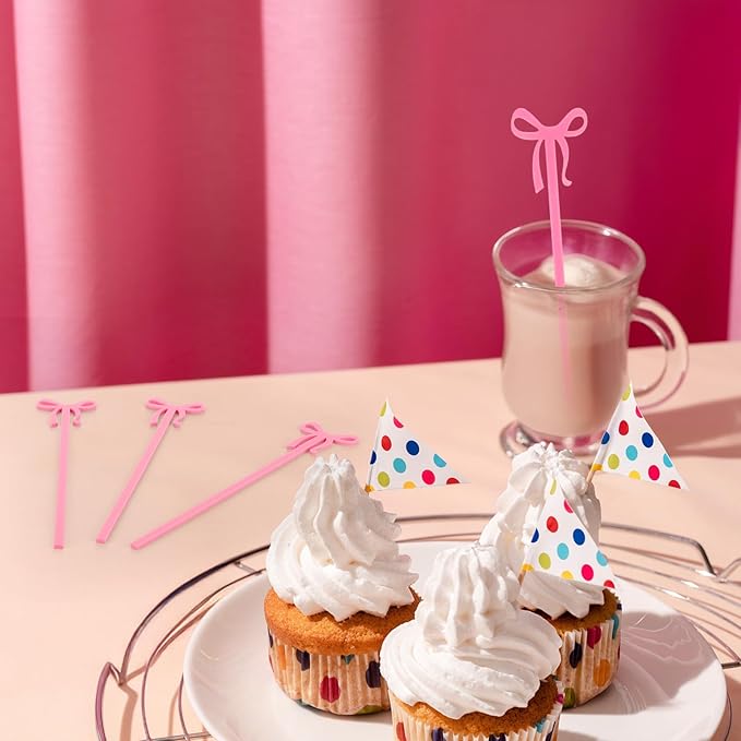 60Pcs Coquette Bow Acrylic Drink Stirrers Pink Cocktail Stick Cocktail Coffee Drink Stirrers Lolipop Stick for Coquette Birthday Party Girly Ribbon Bachelorette Party Bridal Wedding Decor