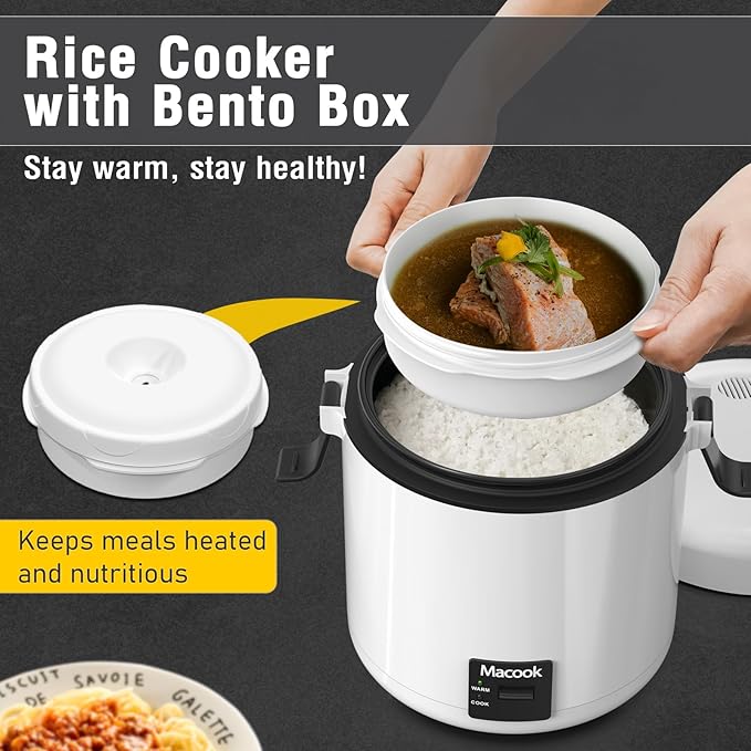 Mini Rice Cooker 1-1.5 Cups Uncooked(3 Cups Cooked), Rice Cooker Small with Bento Box, Removable Nonstick Pot, One Touch&Keep Warm Function, Portable Cooker for Soup Grain Oatmeal Veggie, Black