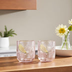 Glaver's Whiskey Glasses Set of 4 Double Old Fashioned 13 oz. Rock Glases, Pink Embossed Art Deco New Designed, Modern Vintage Drinking Glassware For Home Bar Whisky Bourbon Scotch