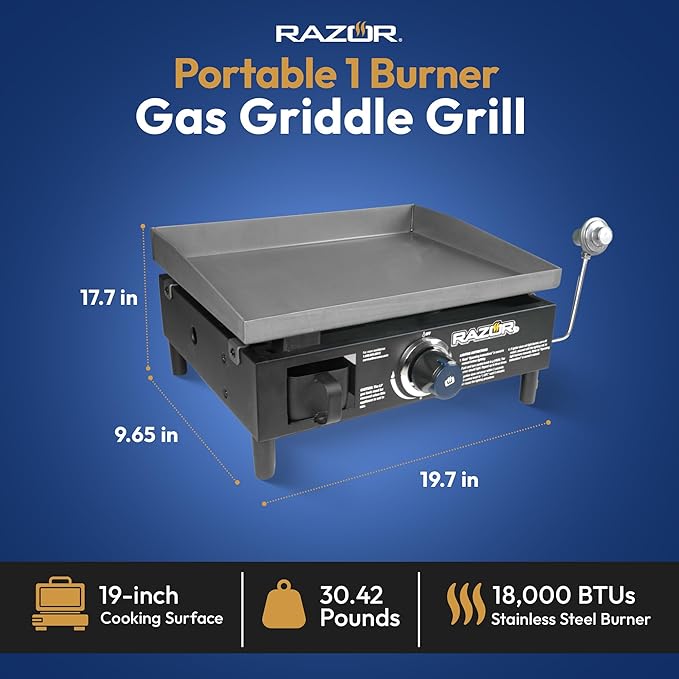 Razor Griddle GGT2160M 19 Inch Outdoor 1 Burner Portable LP Propane Gas Grill Griddle with Push Ignition for BBQ Cooking and Frying, Black