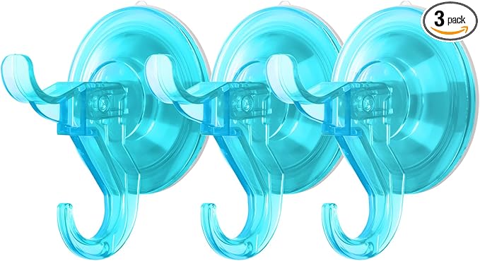 Antimbee 3 Pack Suction Cup Hooks, Clear Shower Suction Hanger, Removable Reusable Bathroom Suction Hooks for Window, Tile Wall, Glass Door-Up to 11 lbs on Smooth Surface (Transparent Cyan)