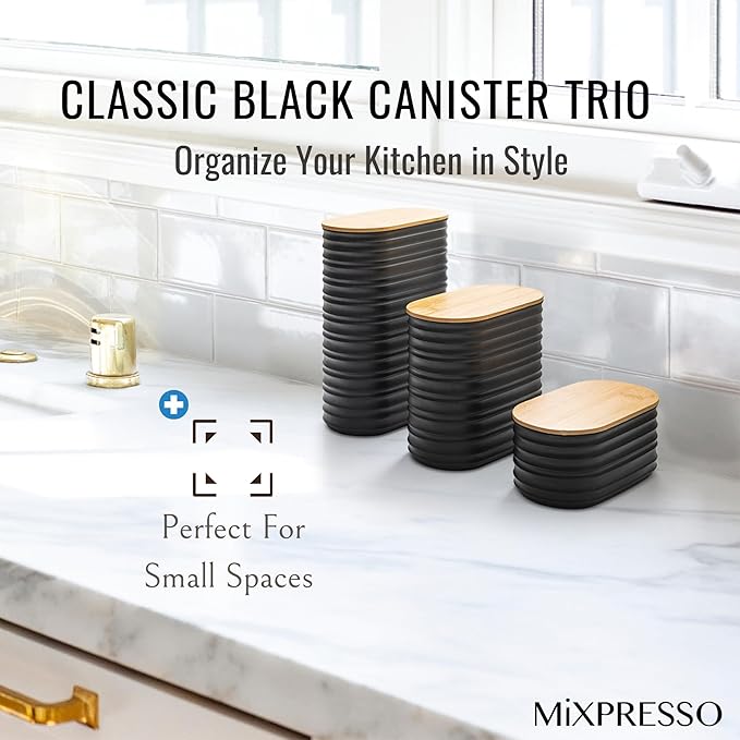 Mixpresso Black Canisters Sets for the Kitchen – 3-Piece Airtight Plastic Sugar Container Set with Bamboo Lids in Three Different Sizes – Decorative Modern Storage Jars for Coffee, Tea & Countertops
