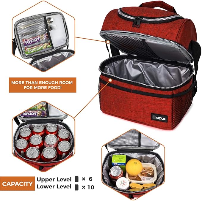 OPUX Lunch Box For Men Women, Insulated Large Lunch Bag Adult Work, Double Decker Lunchbox Meal Prep, Dual Compartment Leakproof Lunch Cooler, Soft Lunch Pail Tote Boys Girls Kids School, Red 16 Cans