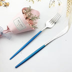 JASHII Flatware Serving Set 24 Piece, Stainless Steel Silverware Set, Blue Silver Cutlery Set, Modern Elegant Tableware Set for Party, Christmas, Dinner (Blue Silver)