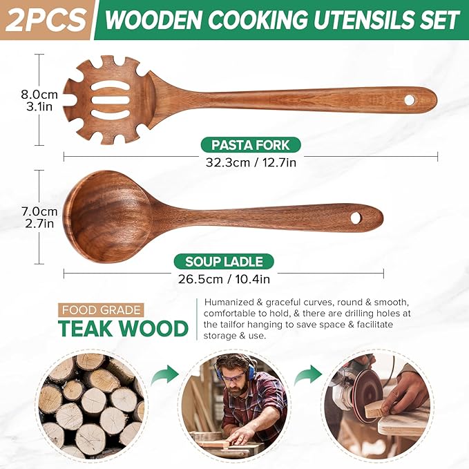 Wooden Spoons for Cooking,2 Pcs Wooden Utensil Set of Soup Ladle &Spaghetti Pasta Spoon with Teeth, Teak Wood Soup Ladle&Slotted Pasta Fork Strainer Spoon Set for Serving Collecting Noodle Gravy Sauce