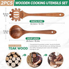 Wooden Spoons for Cooking,2 Pcs Wooden Utensil Set of Soup Ladle &Spaghetti Pasta Spoon with Teeth, Teak Wood Soup Ladle&Slotted Pasta Fork Strainer Spoon Set for Serving Collecting Noodle Gravy Sauce