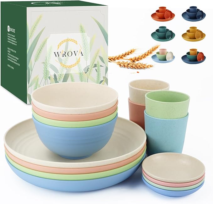 Wheat straw plates and bowls sets of 16 - Unbreakable wheat straw dinnerware sets for kids - Alternative plastic dinnerware set service for 4 - Microwave safe and Dishwasher safe bowls. Nordic