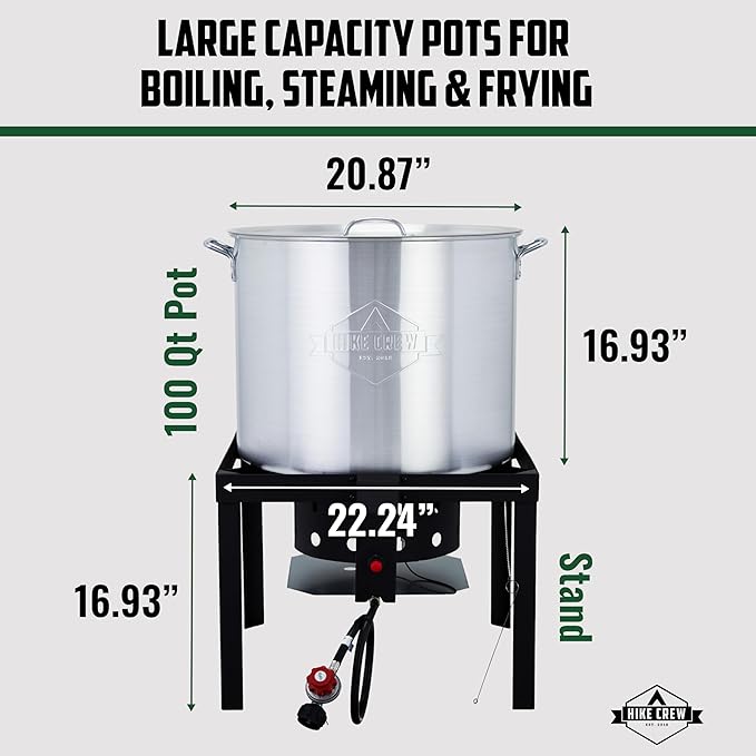 Hike Crew 100QT Outdoor Boiling Kit with Igniter| 110,000 BTU Seafood Boiler Set for Steaming or Cooking Fish, Crawfish, Crab & More | Includes Pot, Lid, Strainer, Burner Stand and Storage Cover