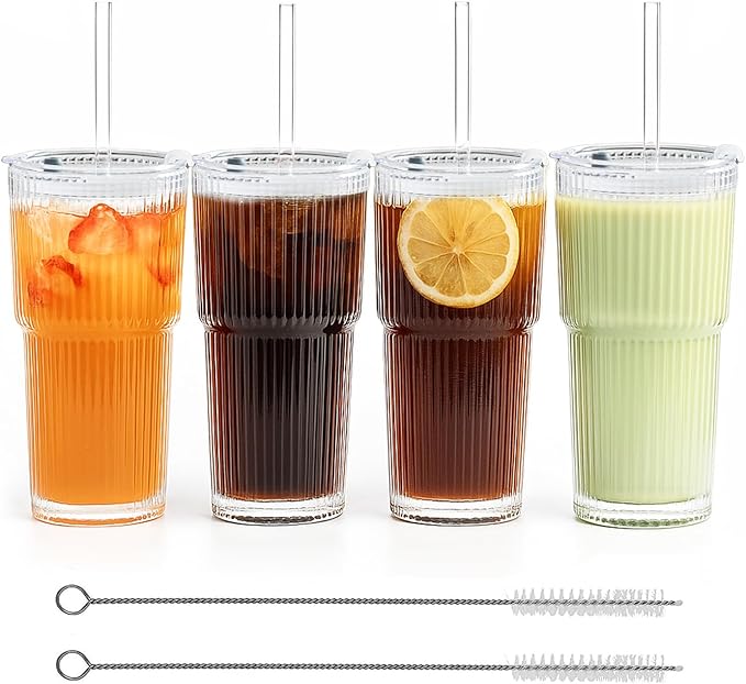 20 oz Ribbed Glass Tumblers with Lids and Straws – Set of 4 Thickened Glassware, Elegant Durable Ribbed Drinking Glasses Bulk for Iced Coffee Cups, Cocktails, Smoothies, Juice, Hot or Cold Beverages