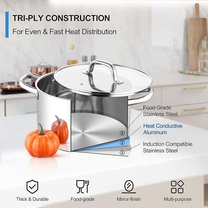 Homikit 5 Quart Stock Pot, Stainless Steel Soup Cooking Pot with Lid for Pasta Sauce Simmering Steaming Stewing, Tri-ply Heavy Bottom Induction Pot, Dishwasher Safe