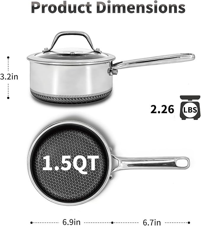Hybrid Nonstick 1.5 QT Saucepan with Lid, Stainless Steel Honeycomb Pot,Compatible with All Cooktops,Dishwasher and Oven Safe