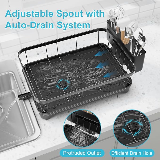 Dish Drying Rack with Drainboard - Space Saving Single Layer Drying Rack,Large Capacity Kitchen Organizer with Utensil Holder & Cutlery Tray, Countertop Dish Drainer Black