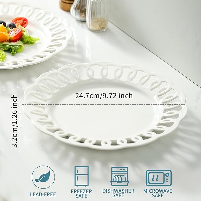 4 Pack 10" Dinner Serving Plates with Lace Rim, New Bone Porcelain Round Tableware Plates with Unique Hollow Out Design Scolloped Edge, White Dishes for Daily Use or as an Excellent Plate Idea