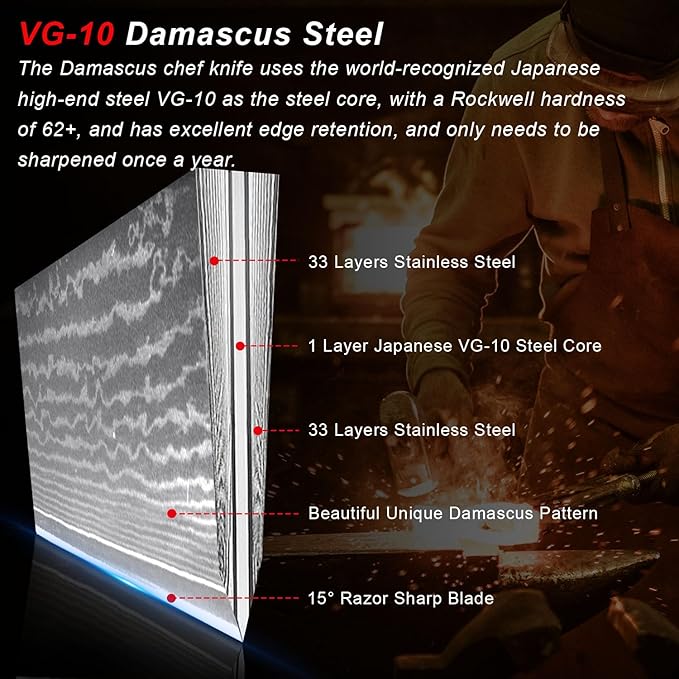 Damascus Chef Knife, Professional Japanese Chef Knife 8 Inch, Kitchen Knife with VG-10 Steel Core and Full Tang G10 Handle, Gift Box