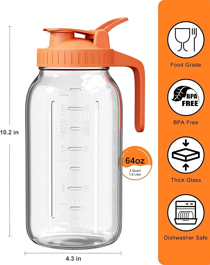 Glass Pitcher with Airtight Lid and Spout, 64oz Glass Mason Jar | Wide Mouth | Leakproof | Water Jug for Juice, Sun Iced Tea, Cold Brew Coffee, Milk Storage, Orange