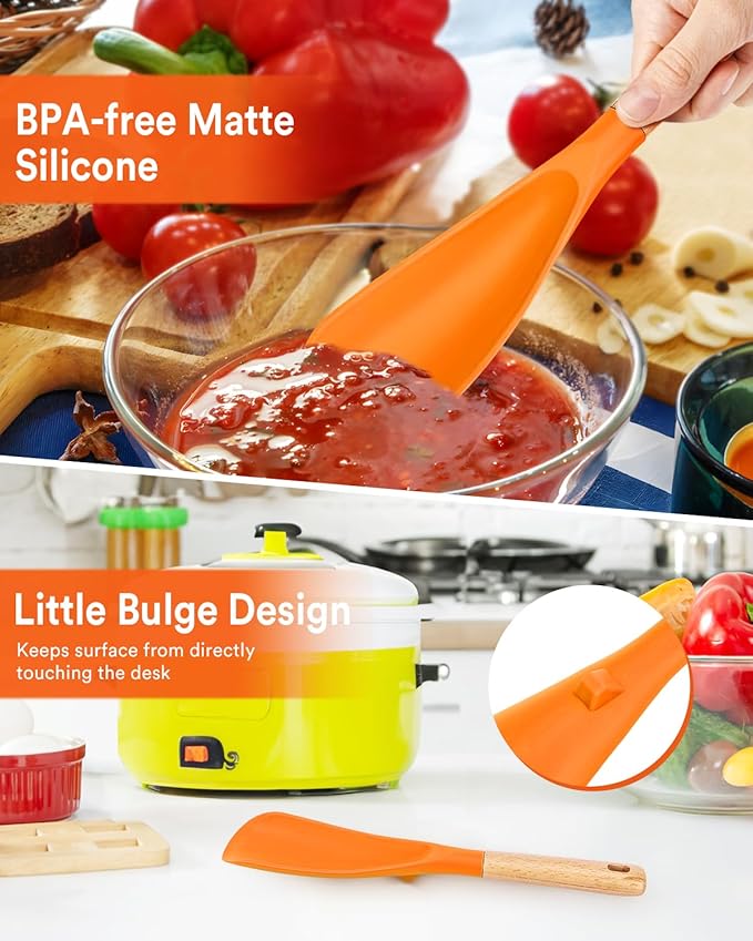 Cooking Spoon for Nonstick Cookwares, Great for Cooking and Serving Sturdy BPA-Free Matte Silicone, Wood Handle Spoon for Mixing, Scoop, and Scrape (ORANGE)