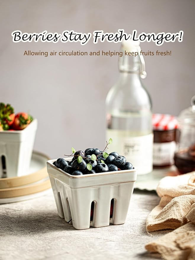 Gomakren Ceramic Berry Basket Set of 2, Square Fruit Bowl with Holes, Small Fruit Basket Containers for Kitchen Counter, Berries, Strawberry, Grape, Cherry, White
