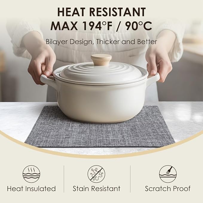 Placemats Set of 8, Bilayer Thickened Linen Place Mats Heat Resistant Machine Washable Wrinkle Free Carefully Selected Polyester Mats for Kitchen/Dining/Coffee Table (Light Grey)