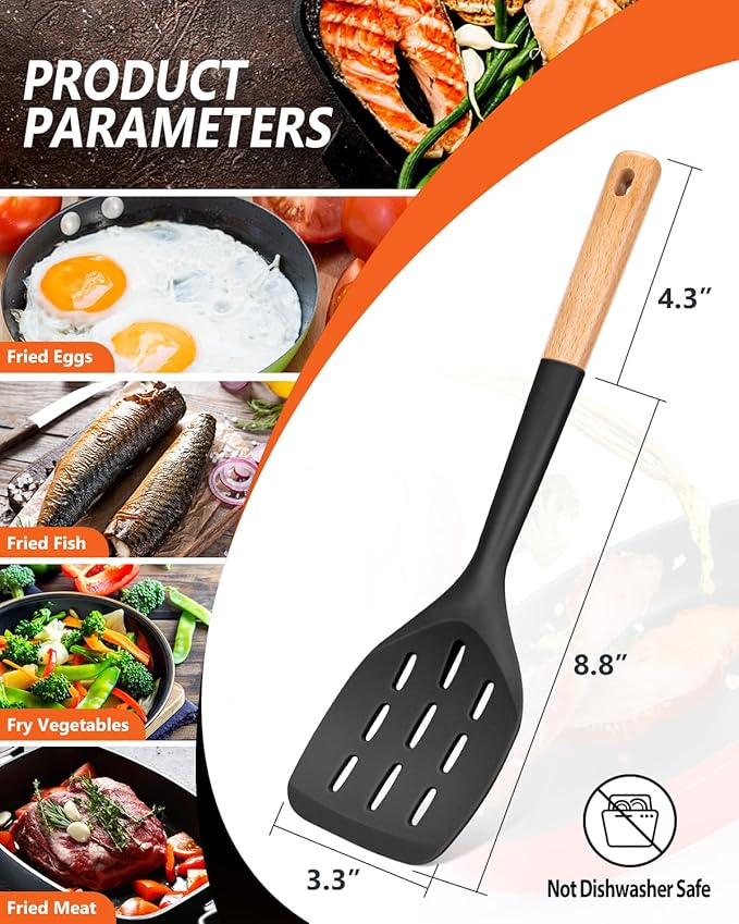 Pack of 2 Silicone Spatula, Non Stick Cooking Utensil Set Wooden Handle Kitchen Turner for Baking Mixing Grilling Serving Food Heat Resistant Non Scratch Hooks Included (Black)