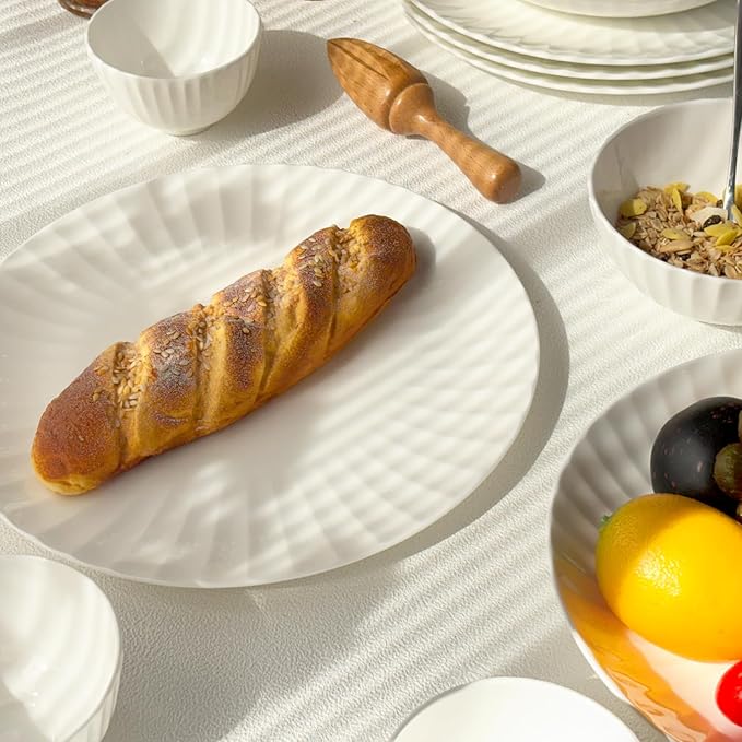 16-Piece Bone China Dinnerware Set for 4, White embossed dinnerware set, Plates and Bowls with Textured Design, Microwave Dishwasher Safe