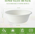 Vplus 180 Pack 16 OZ Paper Bowls, Disposable Compostable Bulk, Eco-friendly Bagasse, Heavy-duty Bowls Perfect for Milk Cereals, Snacks, Salads
